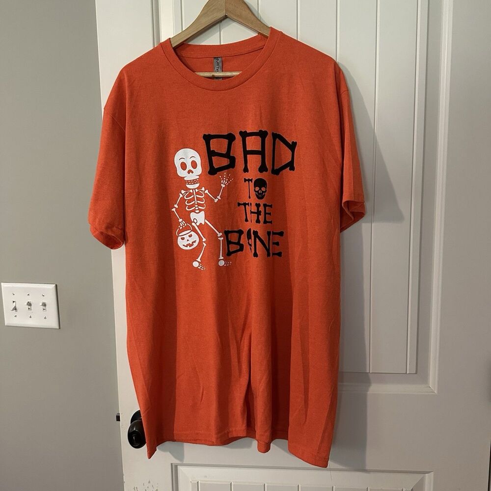 Halloween Skeleton Bad to the bone t shirt Graphic Tee Men’s Size 2XL Orange